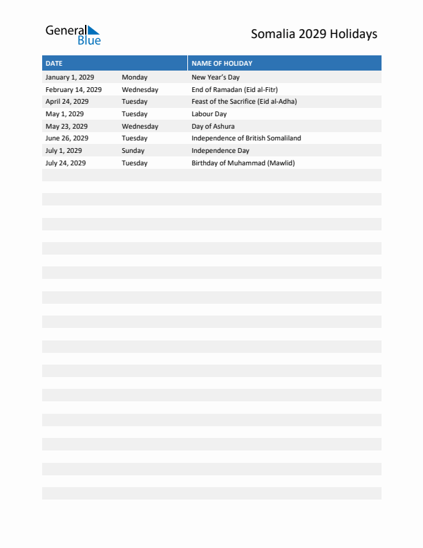 Free printable list of Somalia holidays for year 2029