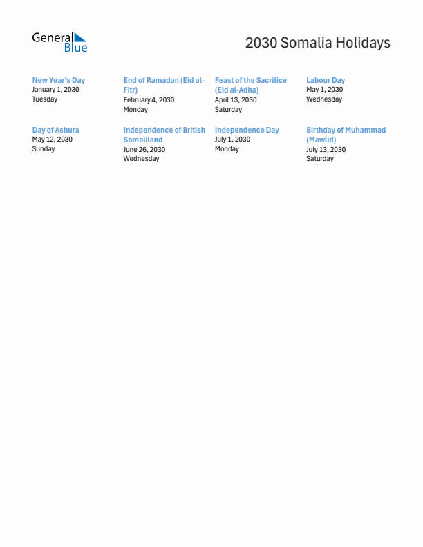 Free printable list of Somalia holidays for year 2030