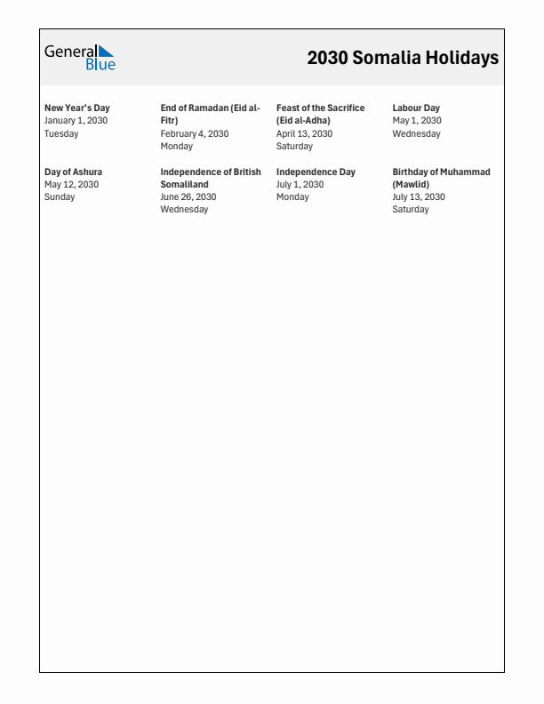 Free printable list of Somalia holidays for year 2030