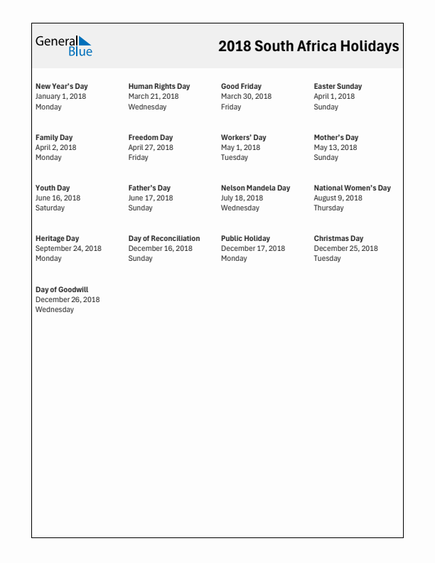 Free printable list of South Africa holidays for year 2018