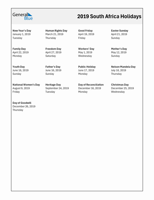 Free printable list of South Africa holidays for year 2019