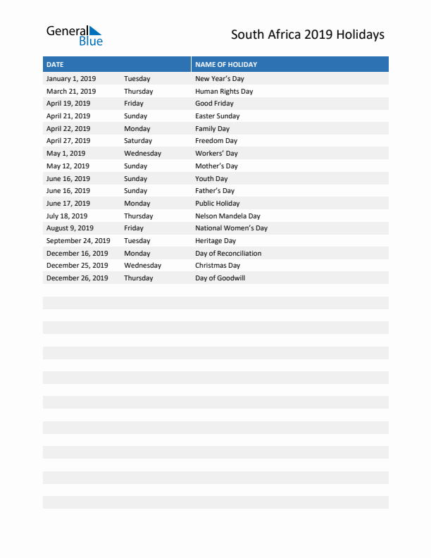 Free printable list of South Africa holidays for year 2019