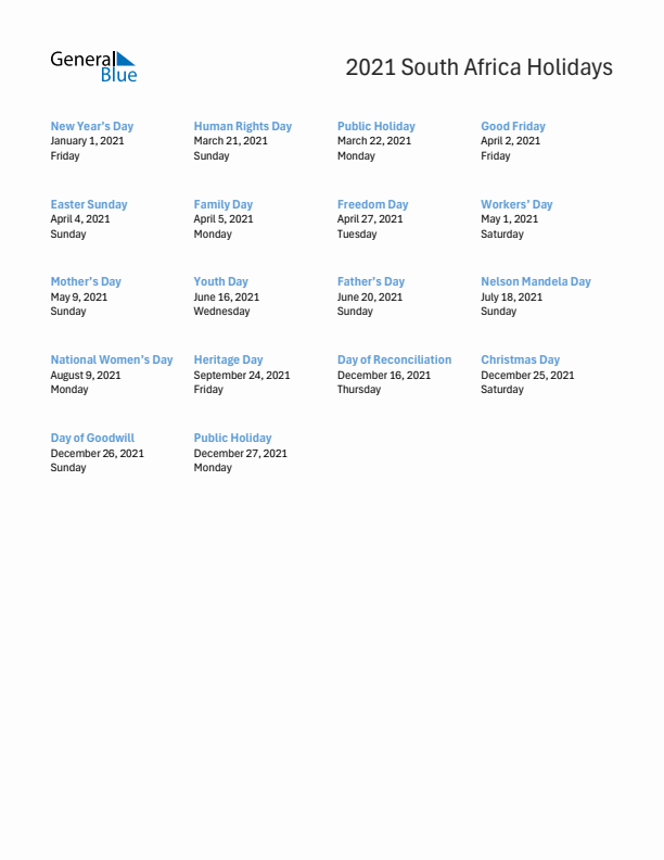 Free printable list of South Africa holidays for year 2021