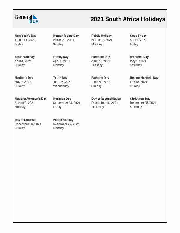 Free printable list of South Africa holidays for year 2021