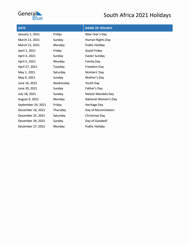 Free printable list of South Africa holidays for year 2021