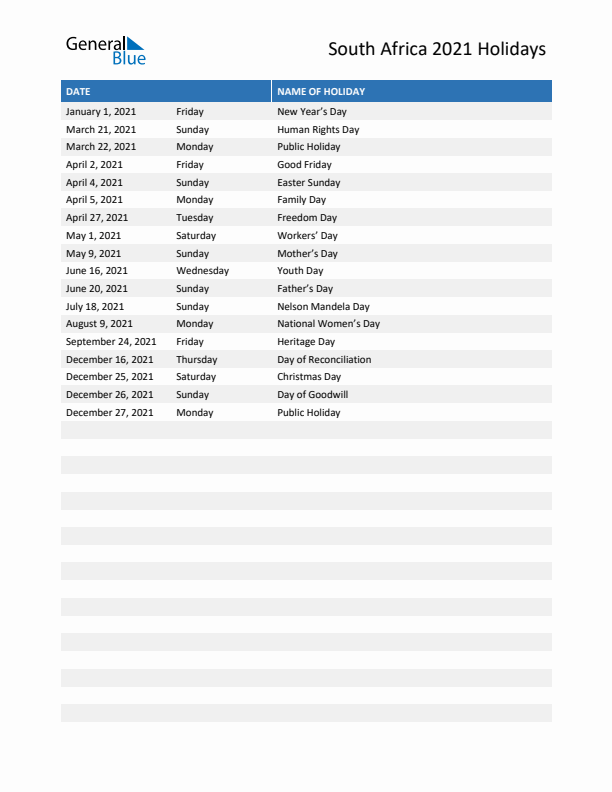 Free printable list of South Africa holidays for year 2021