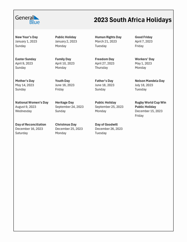 Free printable list of South Africa holidays for year 2023