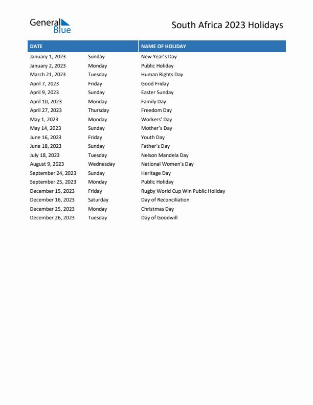 Free printable list of South Africa holidays for year 2023