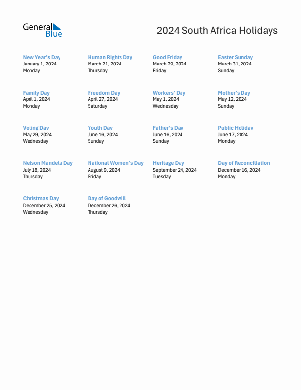 Free printable list of South Africa holidays for year 2024