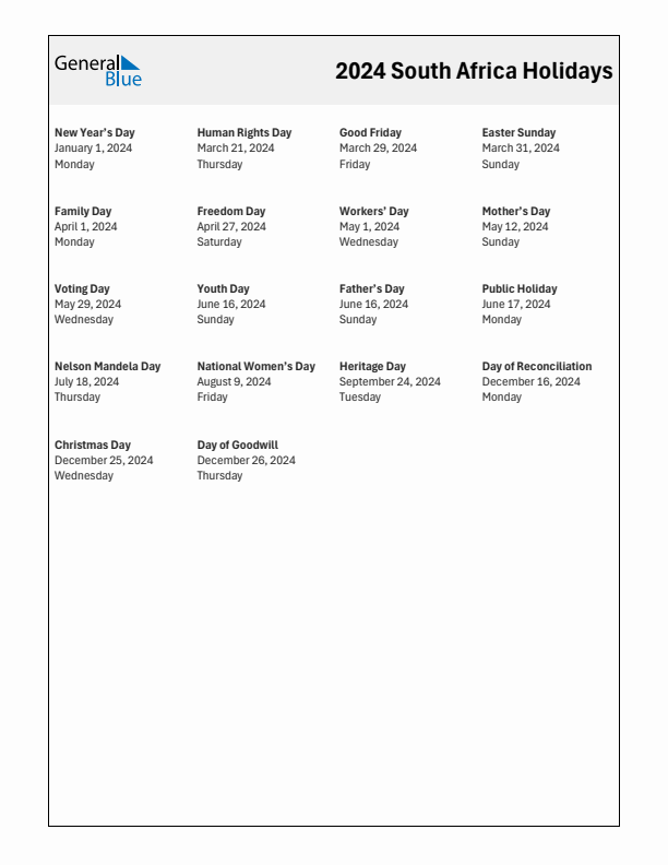 Free printable list of South Africa holidays for year 2024