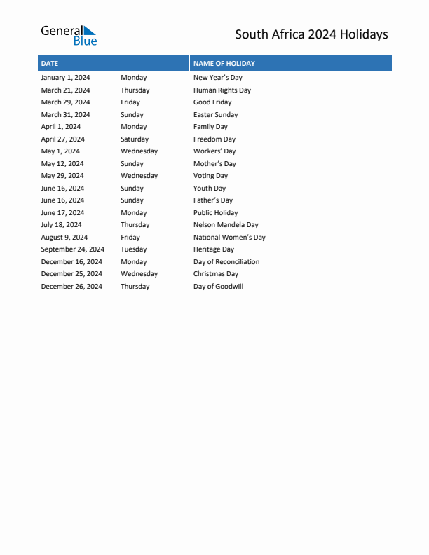 Free printable list of South Africa holidays for year 2024