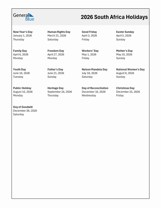 Free printable list of South Africa holidays for year 2026