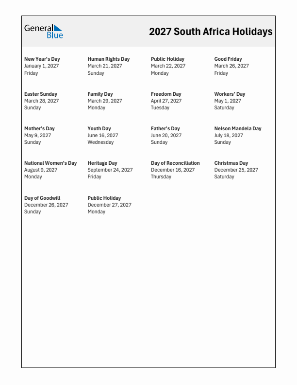 Free printable list of South Africa holidays for year 2027