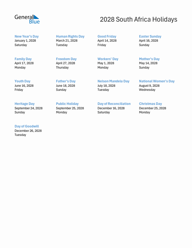 Free printable list of South Africa holidays for year 2028