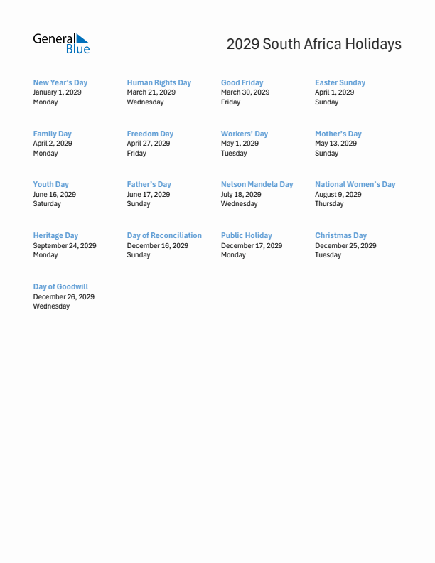 Free printable list of South Africa holidays for year 2029