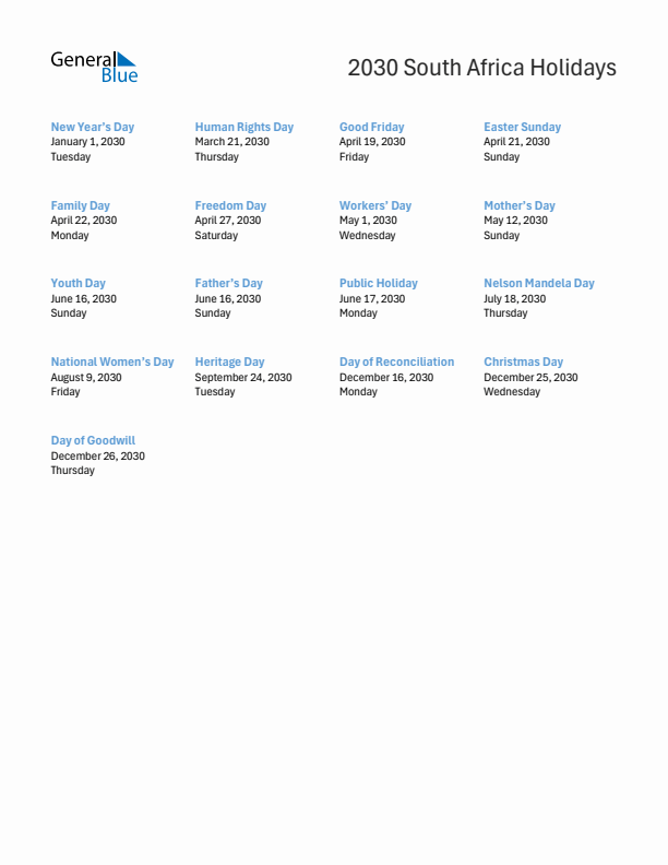 Free printable list of South Africa holidays for year 2030