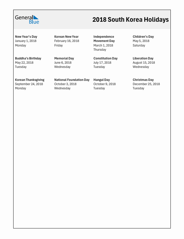 Free printable list of South Korea holidays for year 2018