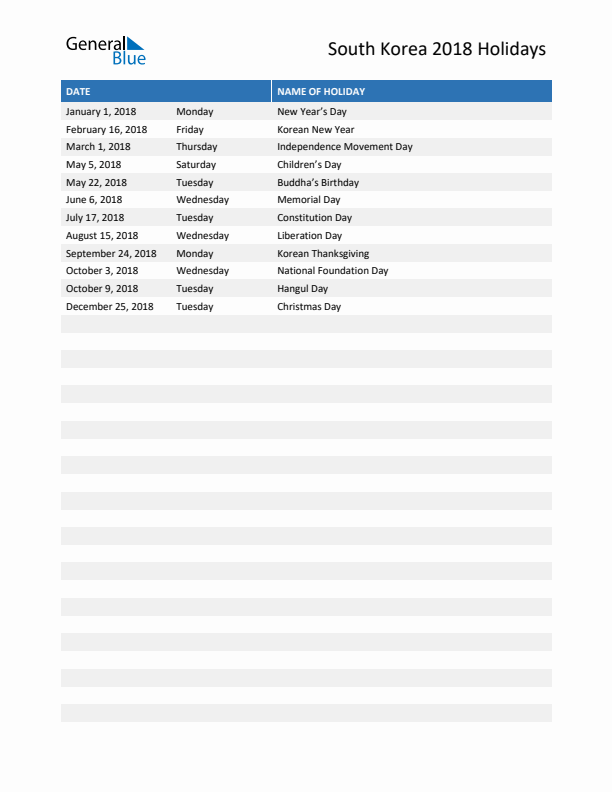 Free printable list of South Korea holidays for year 2018