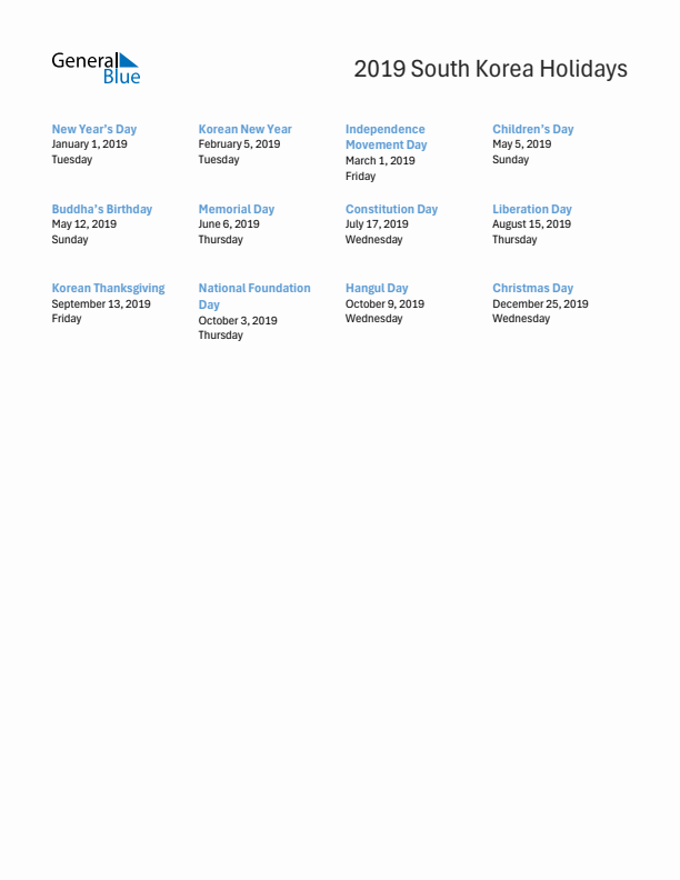 Free printable list of South Korea holidays for year 2019