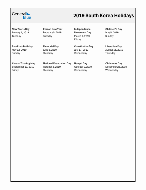 Free printable list of South Korea holidays for year 2019