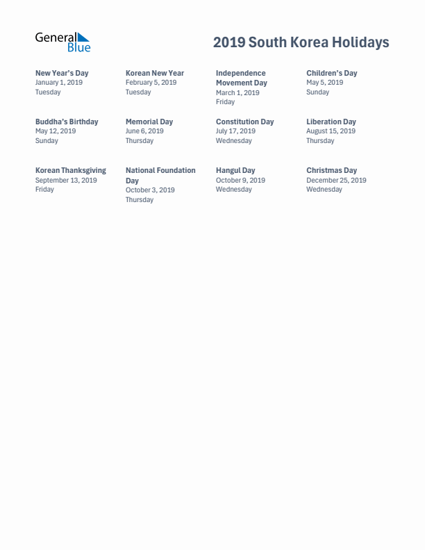 Free printable list of South Korea holidays for year 2019