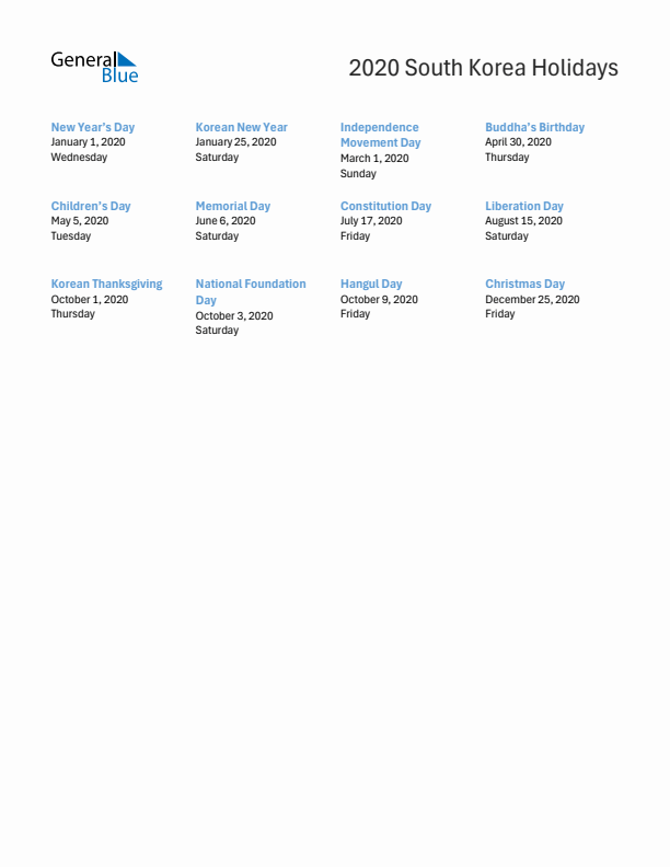 Free printable list of South Korea holidays for year 2020