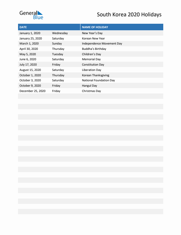 Free printable list of South Korea holidays for year 2020