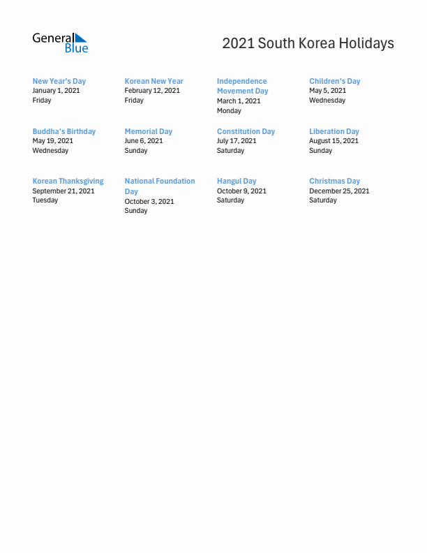 Free printable list of South Korea holidays for year 2021
