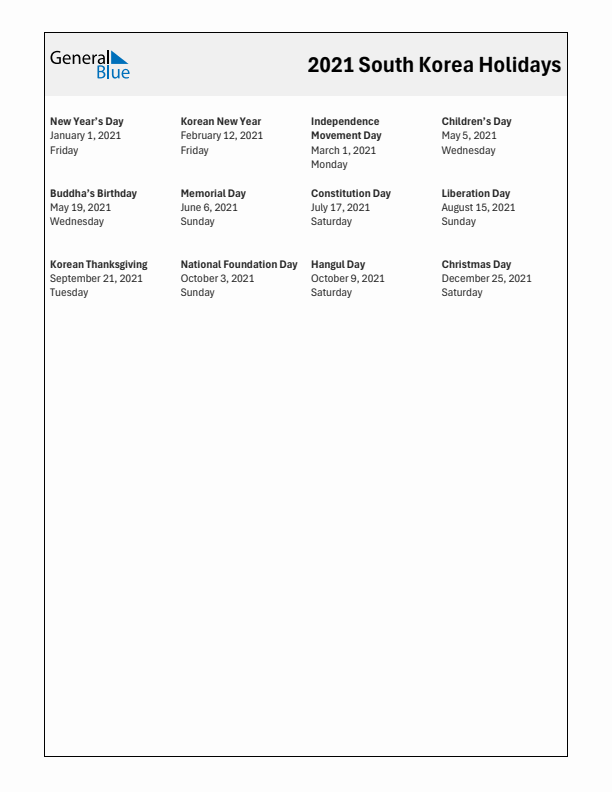 Free printable list of South Korea holidays for year 2021