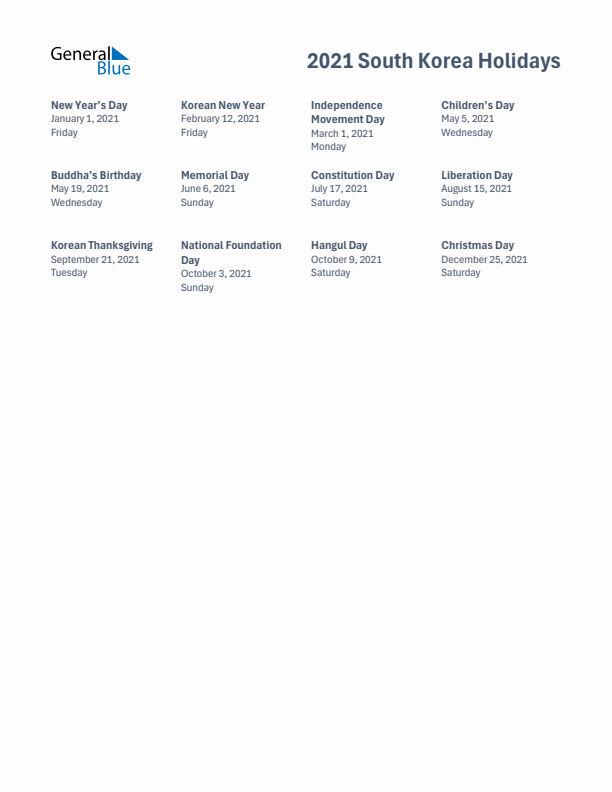 Free printable list of South Korea holidays for year 2021