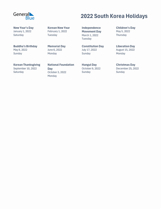 Free printable list of South Korea holidays for year 2022