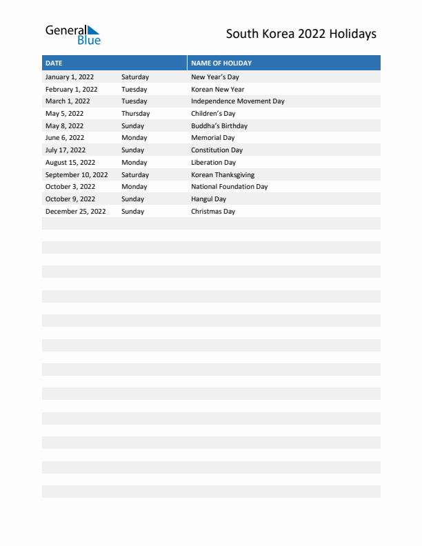 Free printable list of South Korea holidays for year 2022