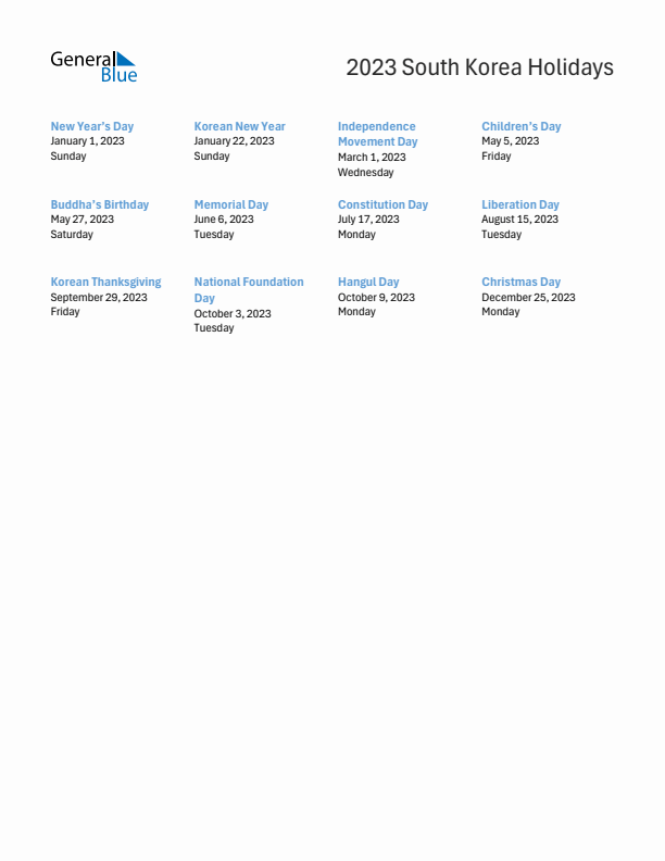 Free printable list of South Korea holidays for year 2023