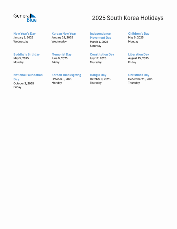 Free printable list of South Korea holidays for year 2025