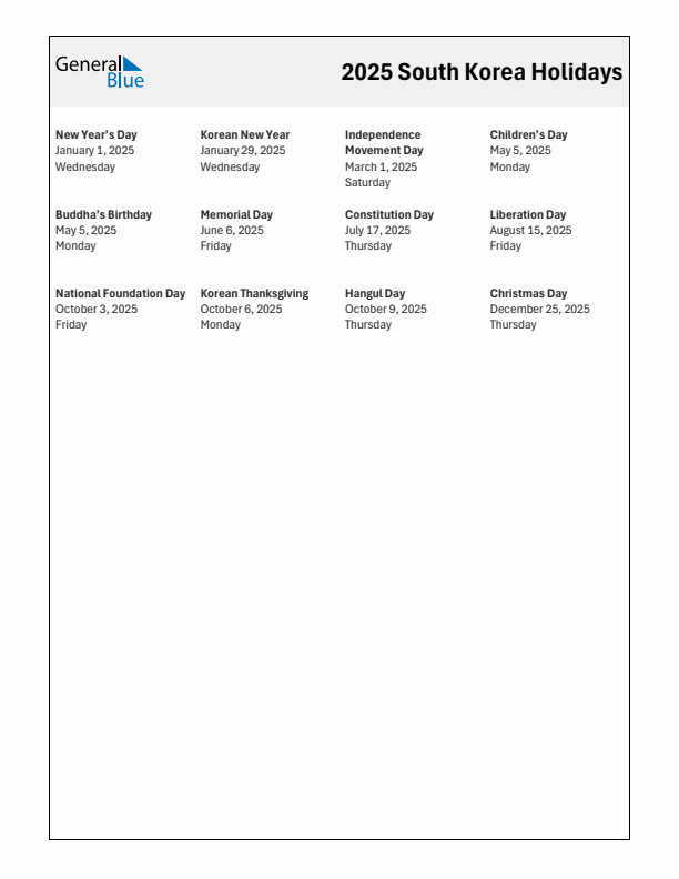 Free printable list of South Korea holidays for year 2025