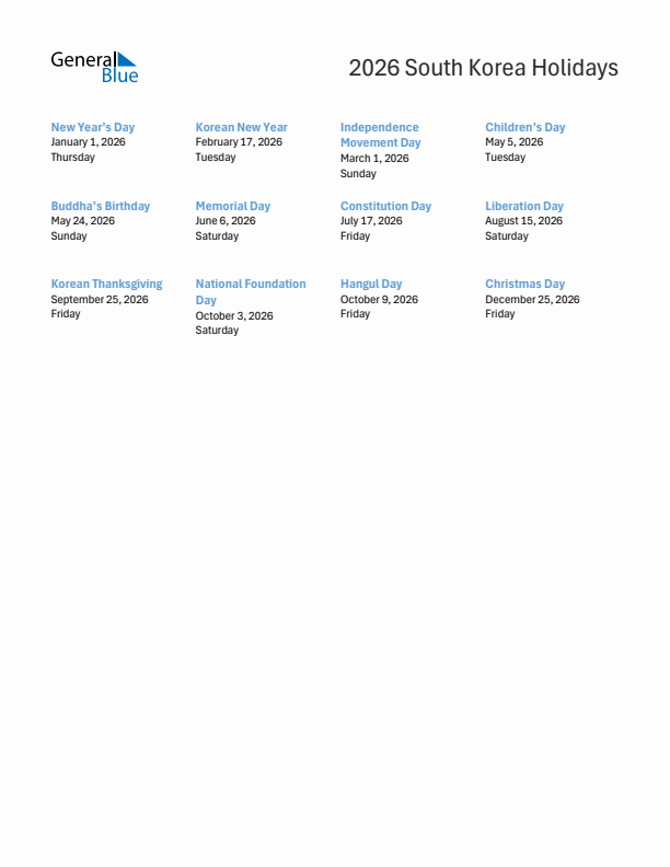 Free printable list of South Korea holidays for year 2026