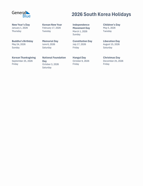 Free printable list of South Korea holidays for year 2026