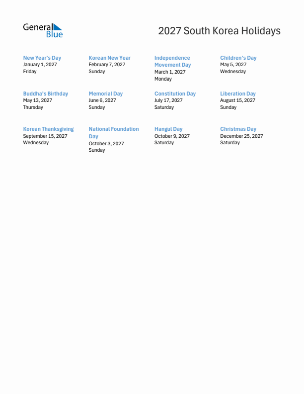 Free printable list of South Korea holidays for year 2027