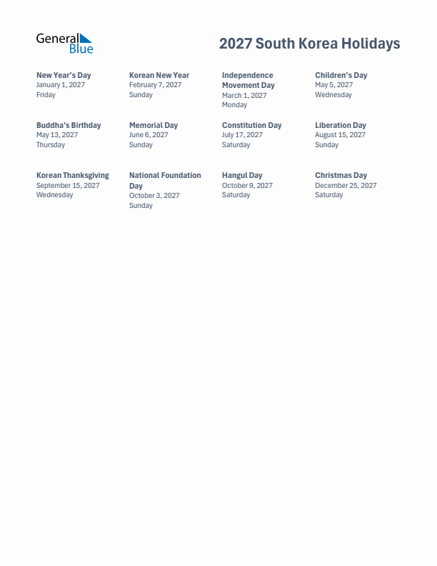 Free printable list of South Korea holidays for year 2027