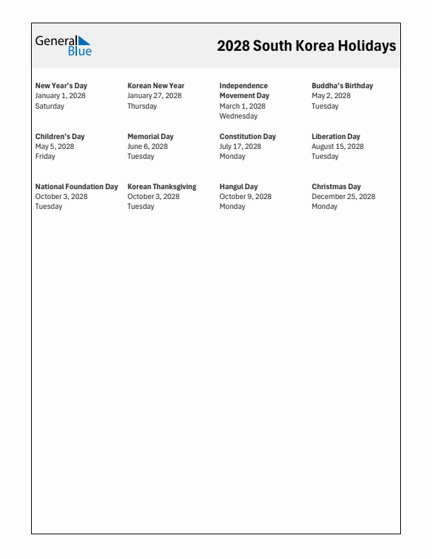 Free printable list of South Korea holidays for year 2028