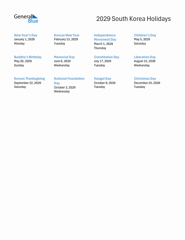 Free printable list of South Korea holidays for year 2029