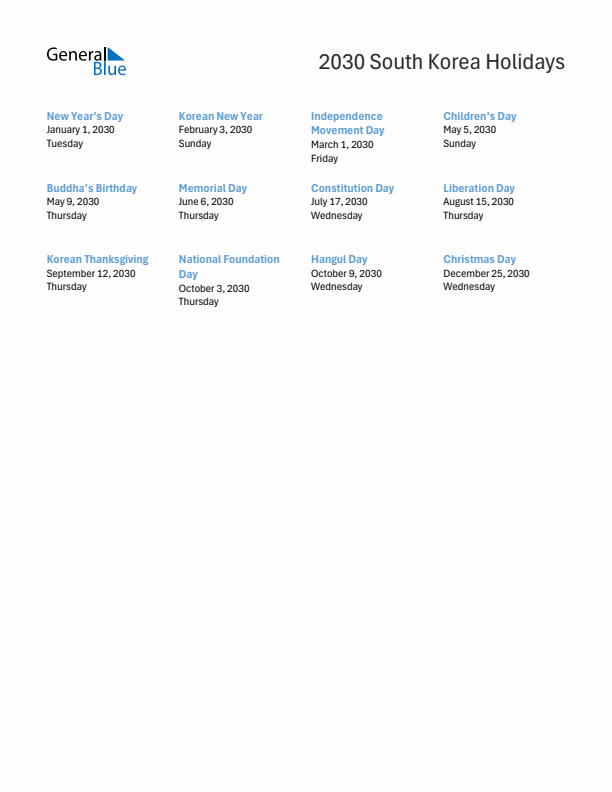 Free printable list of South Korea holidays for year 2030