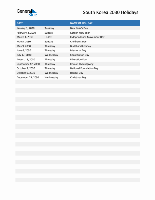 Free printable list of South Korea holidays for year 2030