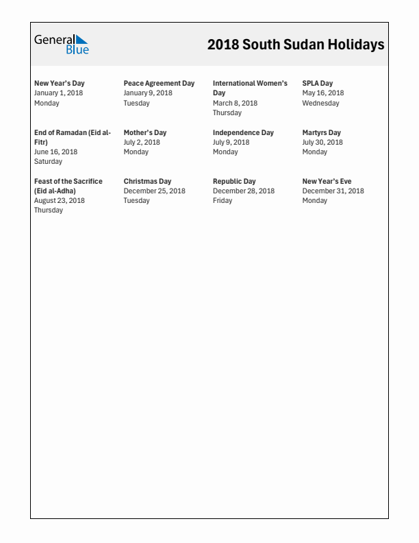 Free printable list of South Sudan holidays for year 2018