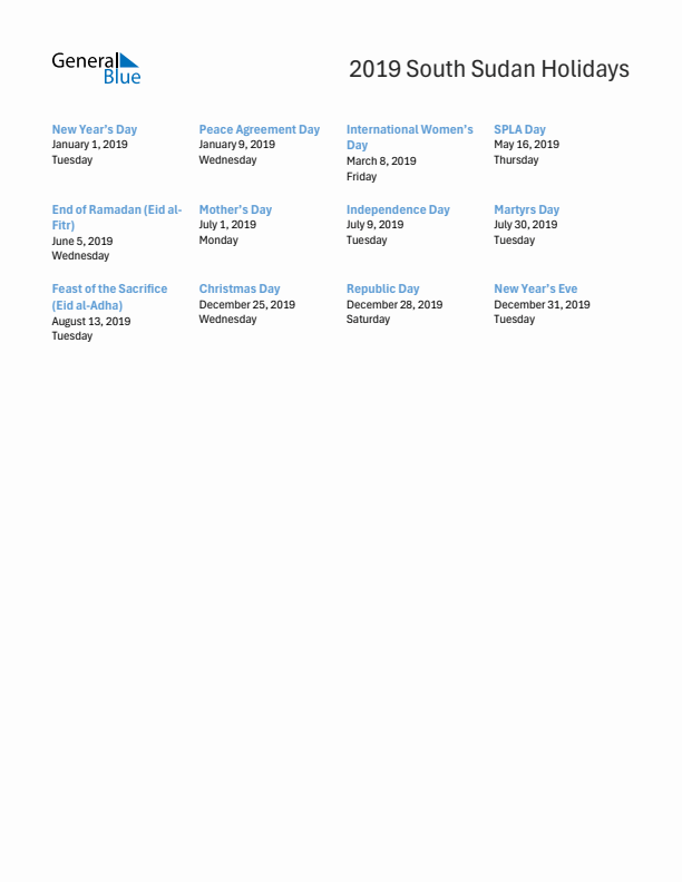 Free printable list of South Sudan holidays for year 2019
