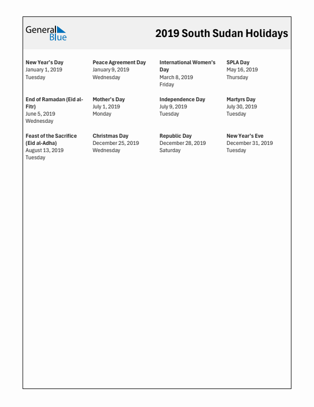 Free printable list of South Sudan holidays for year 2019