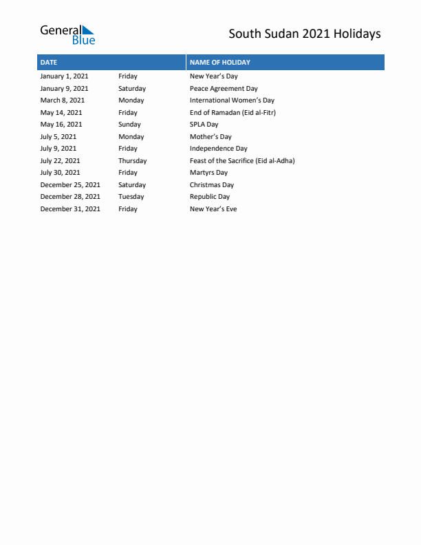 Free printable list of South Sudan holidays for year 2021