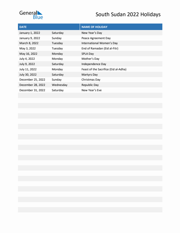 Free printable list of South Sudan holidays for year 2022