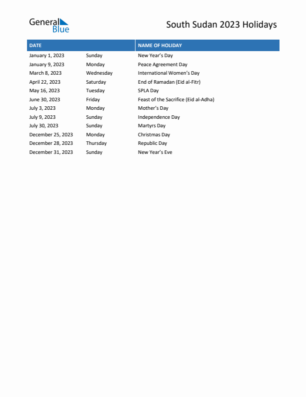 Free printable list of South Sudan holidays for year 2023