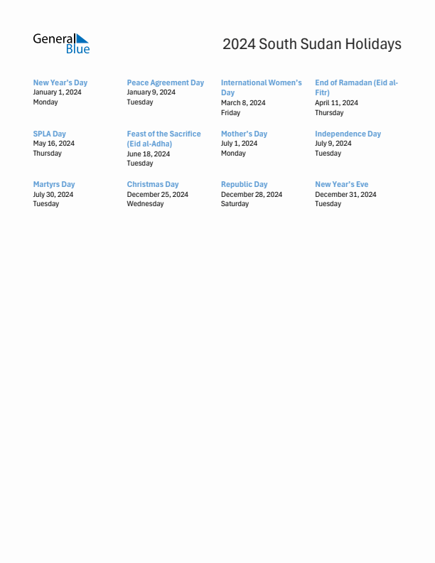 Free printable list of South Sudan holidays for year 2024